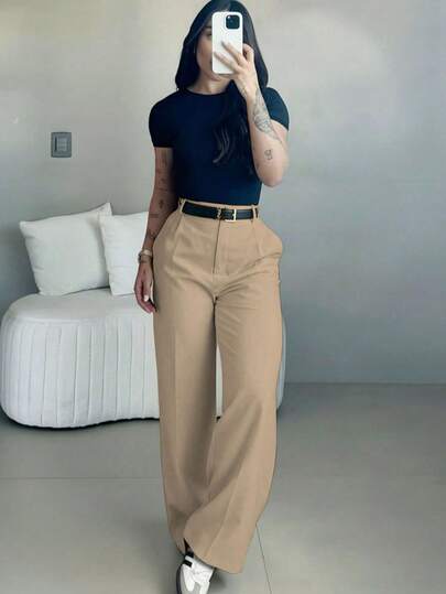 Women's High Waist Slim Fit Wide Leg Pants In Khaki, Bohemian Street Style, Suitable For Casual, Work Commute And Vacation In Spring/Summer, Quiet Luxury